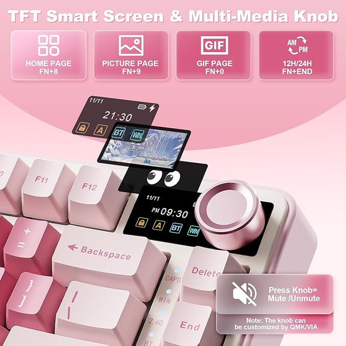 YUNZII B75 PRO MAX QMK/VIA Wireless Mechanical Keyboard,75% Layout with Screen and Knob,Custom Hot Swap Gasket,Creamy Pre-lubed Switches,Bluetooth/Type-C/2.4G for Win/Mac (Pink Heart,Candy Switch)