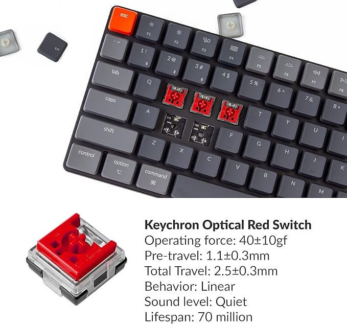 Keychron K3 75% Layout 84-Key Ultra-Slim Hot-Swappable Wireless Bluetooth Mechanical Keyboard with Low-Profile Keychron Optical Red Switch/White LED Backlight/USB Wired for Mac Windows-Version 2