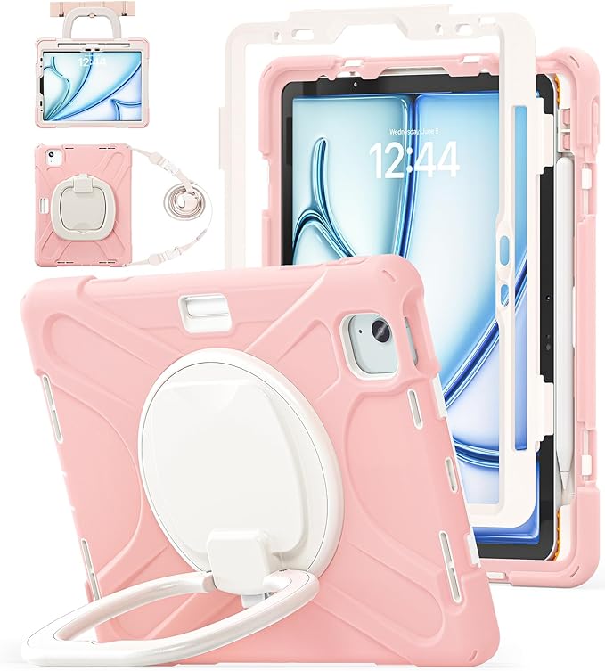 BATYUE Case for iPad Air 11-inch M4 (2026)/M3 (2025) /M2 (2024), iPad Air 5th/4th 10.9 inch(2022/2020), iPad Pro 11" 4th/3rd/2nd/1st Kids Cover with 360° Rotating Stand, Pencil Holder, Strap, Rose