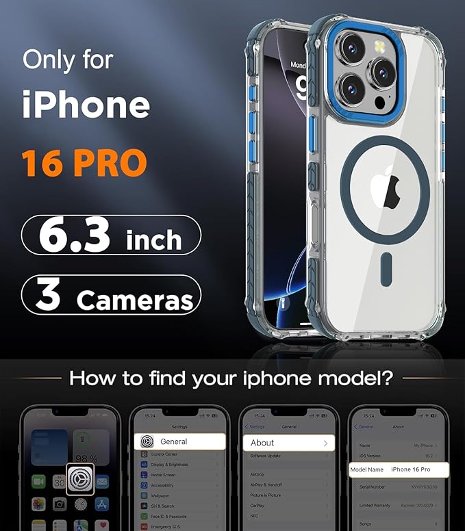 DEERLAMN Strong Magnetic Case for iPhone 16 Pro 6.3-Inch,[Compatible with Magsafe] Clear Slim Shockproof Protective Phone Cover for Women Men-Transparent+Blue