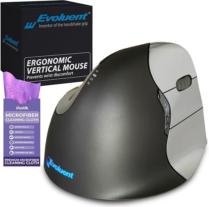 Evoluent Vertical Mouse 4 Right Hand (VM4R) - Ergonomic USB Wired Mouse for Laptop and PC with Jestik Microfiber Cloth (Regular Size) Black