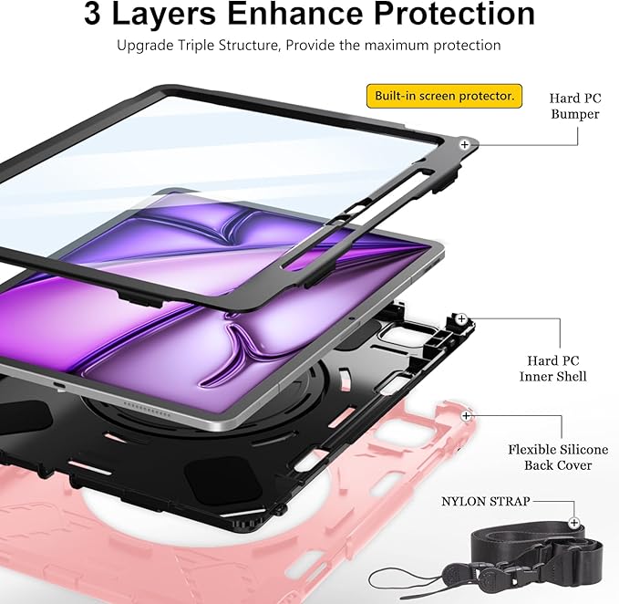 Case for iPad Air 13 Inch M4/M3/M2 (2026/2025/2024): Silicone Shockproof Case with Screen Protector - Stand - Handle - Shoulder Strap - Pen Holder- Pink