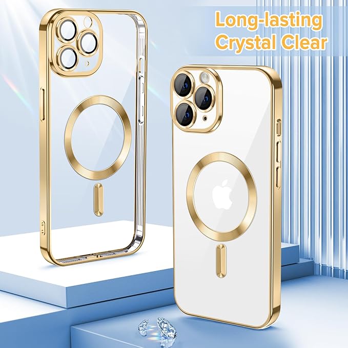 Hython Magnetic Clear for iPhone 11 Pro Max Case with Camera Lens Protector [Compatible with MagSafe] Plating Edge Slim Soft TPU Cover Protective Phone Case for iPhone 11 Pro Max 6.5", Gold