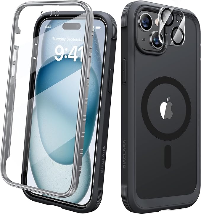 Diaclara Magnetic Designed for iPhone 15 Case, Compatible with MagSafe Built-in Touch Sensitive Anti-Scratch Screen Protector, with Camera Lens Protector for iPhone 15 6.1" (Frosted Black)