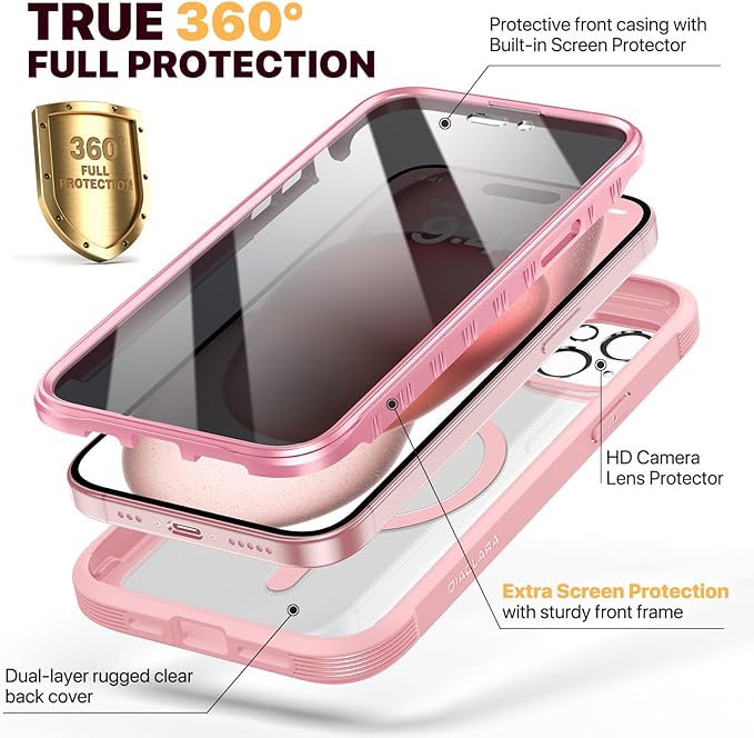 Diaclara Magnetic Designed for iPhone 15 Case, Full Body Rugged Case with Built-in Privacy Touch Sensitive Anti-Scratch Screen Protector, with Camera Lens Protector (Coral Pink)