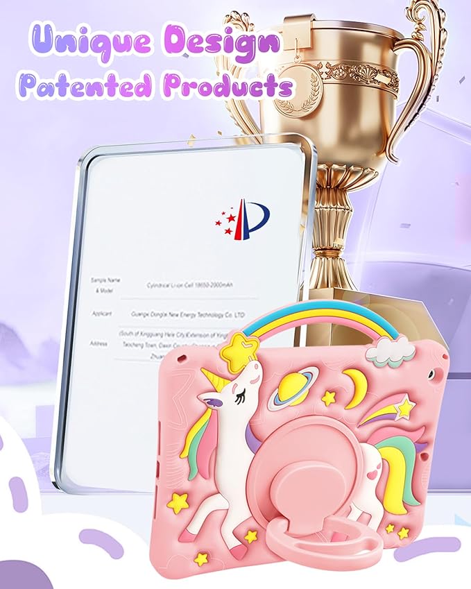 Boaretiu for iPad 9th/8th/7th Generation Case 10.2 Inch 2021/2020/2019 - Cute Cartoon Unicorn Soft 3D Silicone Case with Strap & Rotating Stand for Girls Teens Tablet Cover for iPad 9/8/7