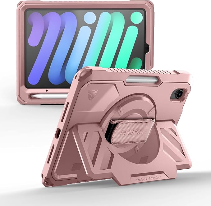 Dexnor Case for iPad mini 7 (A17 Pro) 2024/mini 6 2021 8.3 inch, Rugged Protective Case with 360° Rotating Hand Strap & Large Stand & Screen Protector & Pencil Holder Shockproof Full-Body Cover, Pink