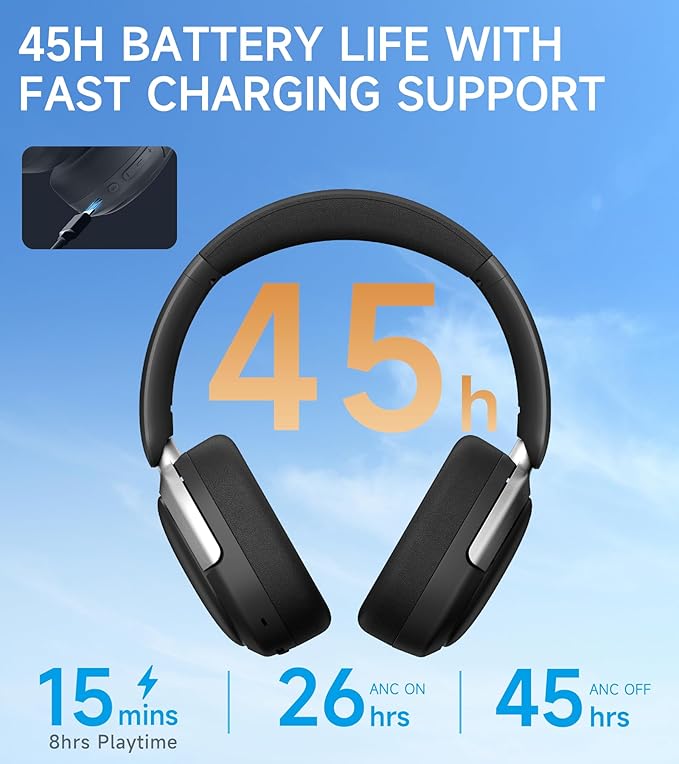 Atom Max Hybrid Active Noise Cancelling Over-Ear Headphones - Hi-Res Audio with Microphone, Volume Control, 45H Playtime, Fast Charging, Bluetooth 5.4, App Customization, Foldable Headset, Black