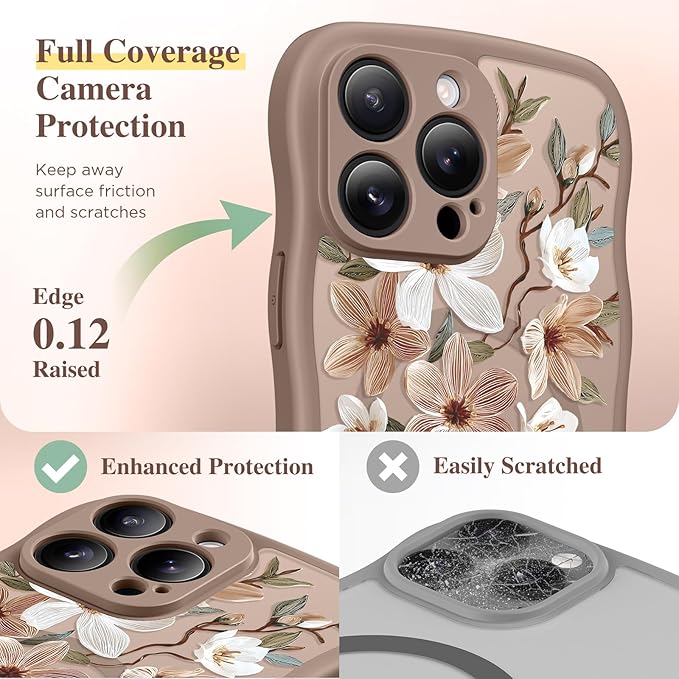 GVIEWIN for iPhone 15 Pro Max Case Compatible with MagSafe [Curly Wave Edge][Full Camera Protection] Floral Translucent Shockproof Magnetic Women Phone Case for 15 Pro Max 6.7'', Dogwood/Brown