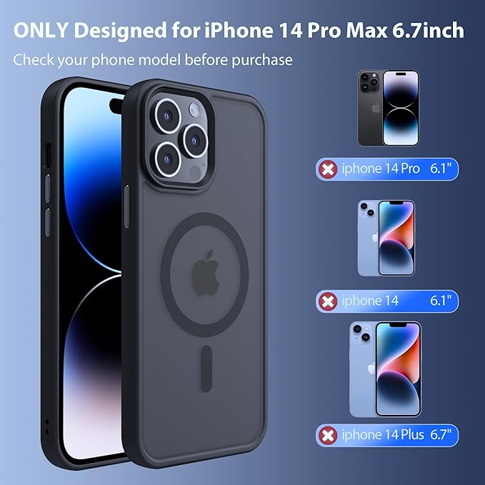 Magnetic Case for iPhone 14 pro max Case [10FT-Grade Drop Tested & Compatible with MagSafe] Translucent Anti-Fingerprint Anti Shockproof Protective Shell 6.7 Inch, Black
