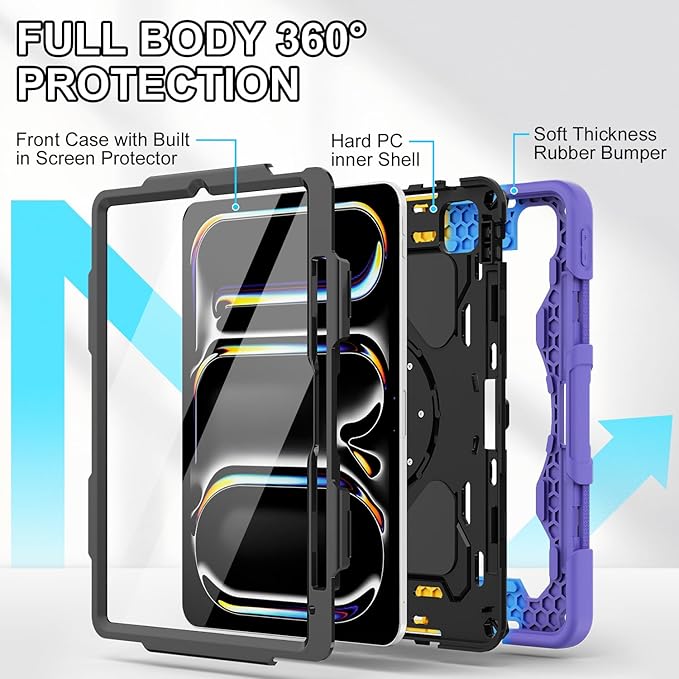iPad Pro 11 Inch Case M5 2025/M4 2024, Heavy Duty Shockproof Protective Case with Screen Protector, 360° Rotating Stand Hand Strap Shoulder Strap Kids Cover Apple Pencil Holder