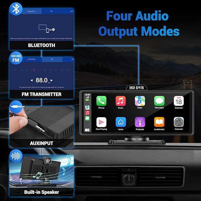 Wireless Apple Carplay Screen for Car with 4K Dash Cam, 10.26" Portable Apple Carplay & Android Auto, HD Touchscren with 1080p Backup Camera, Voice Control/Mirror Link/GPS/BT/FM