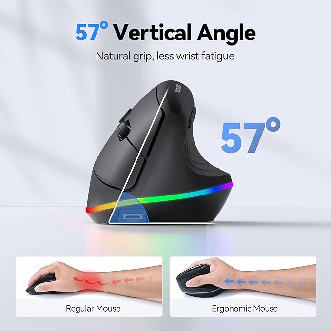 TECKNET RGB Rechargeable Wireless Ergonomic Mouse - USB+Bluetooth Multi-Device LED Vertical Mouse with 11 RGB Backlight Modes, 4800 DPI Adjustable, Ergo Mice for Windows and Mac, Black