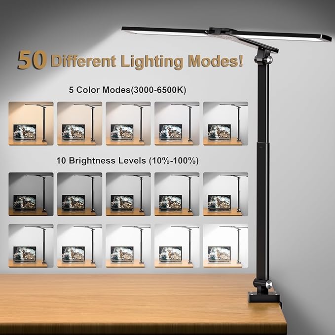 CHARYJOD LED Desk Lamp for Office Home, Height Adjustable Architect Desk Light with Clamp, Eye Caring Stepless Dimming Desk Lamp for Reading, Study, Workbench, 50 Lighting Models