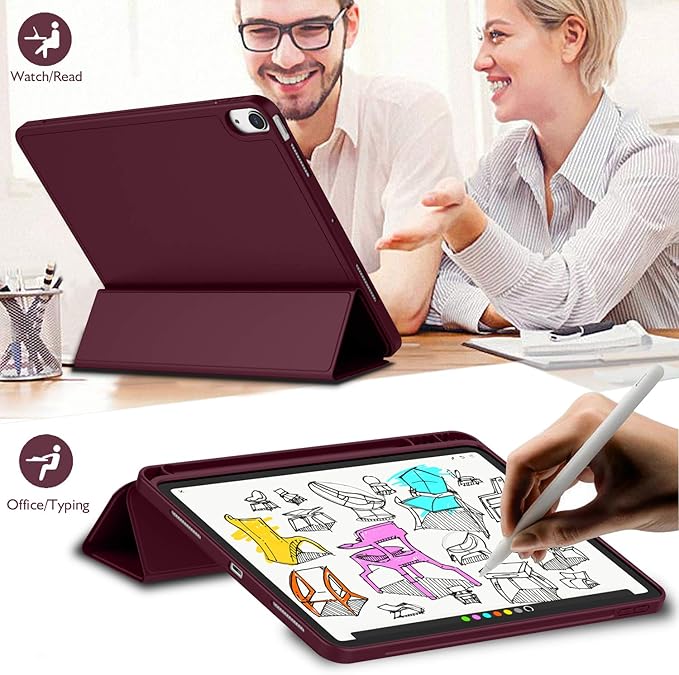 iMieet iPad Air 11 Inch Case M4/M3/M2(2026/2025/2024), iPad Air 5th/4th Generation Case 2022/2020 10.9 Inch with Pencil Holder,Trifold Stand Smart Case with Soft TPU Back(Wine)