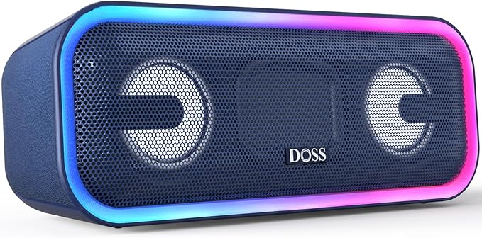 DOSS SoundBox Pro+ Bluetooth Speaker, Immersive 24W Stereo Sound with Booming Bass, IPX6 Waterproof, 15H Playtime, Mixed Colors Lights, Wireless for Backyard, Hiking, Garage, Party-Blue