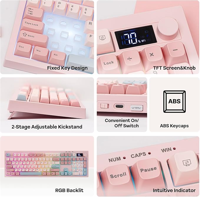 EPOMAKER Aula S102 PRO Membrane Gaming Keyboard with TFT Screen, Volume Knob & Number Pad, BT/2.4G/USB, RGB Backlit, Creamy Silicone Structure, Silent Keyboard for PC Game/Office (Pink)
