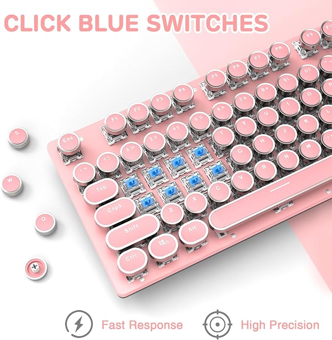 Typewriter Style Retro Wired Mechanical Gaming Keyboard, Vintage Steampunk with White LED Backlit, 104-Key Anti-Ghosting Blue Switch Cute Keyboard, Round Keycaps Knob Control for PC/Win/Mac/Laptop