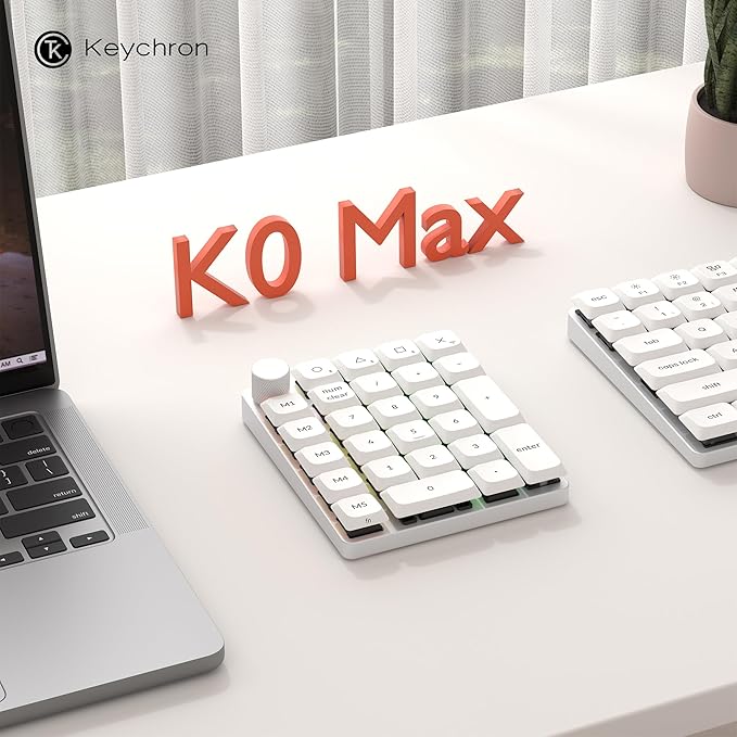 Keychron K0 Max QMK Wireless Custom Number Low-Profile RGB Backlit (Hot-Swappable) Banana Switch Keypad, 2.4 GHz & Bluetooth 5.3 Connection, 1000Hz Polling Rate - White