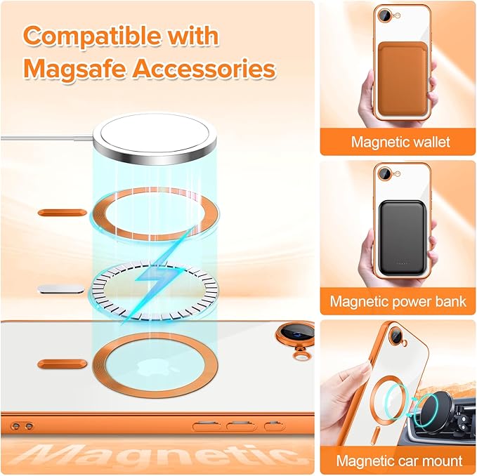 Hython Magnetic Clear for iPhone 17e Case with Camera Lens Protector [Compatible with MagSafe] Luxury Plating Edge Slim Soft TPU Cover Protective Phone Case for iPhone 17e 6.1", Matte Orange