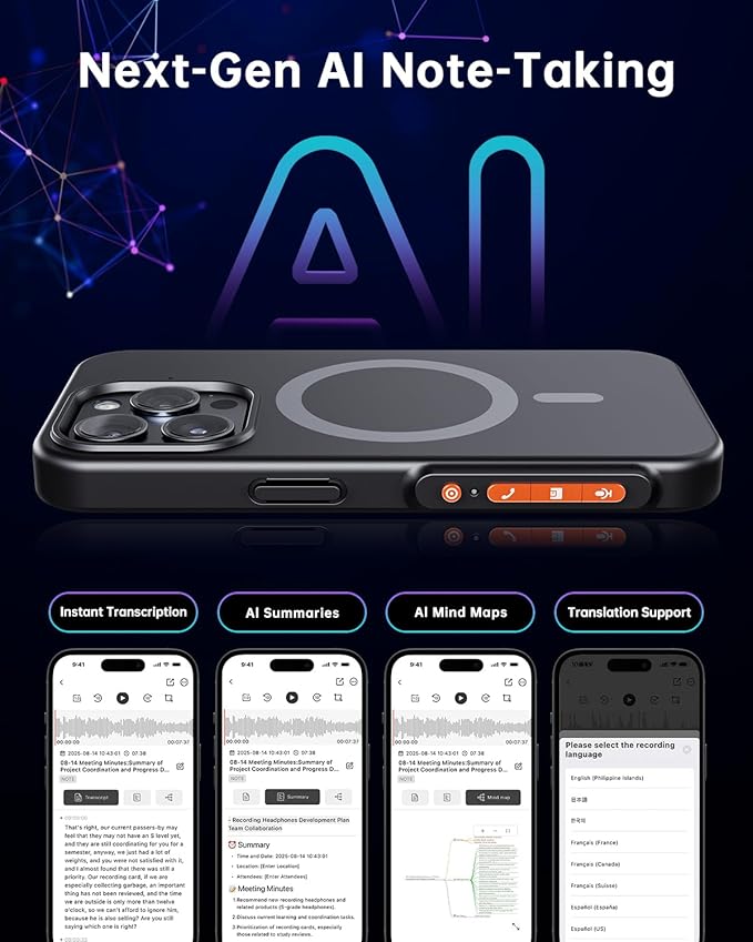 Yorlu AI Recorder Device, AI Recorder Phone Case with Transcribe＆Summarize, AI Noise Cancellation, Note Audio Recorder for Lectures