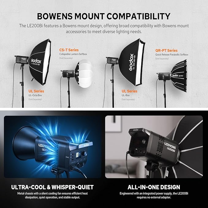 Godox LE200Bi 220W Bicolor LED Video Light, Pro LED Continuous Output Lighting w/Bowens Mount, 57700lux@1m, CRI/TLCI 98+, DMX Control LED Studio Light for Photography Video Recording Streaming