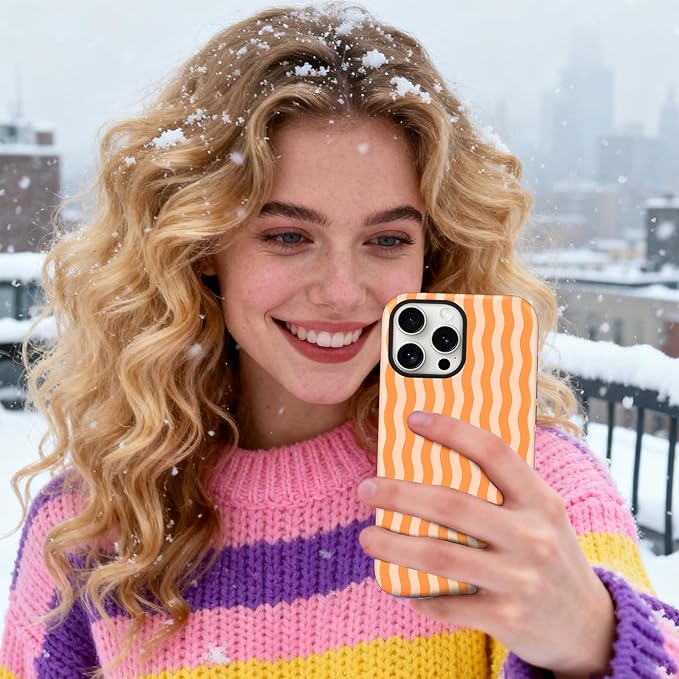 Magnetic for iPhone 16 Pro Max Case Cute Wavy Stripes Phone Case, Shockproof Slim TPU and Hard PC Protective Phone Cover Compatible with MagSafe Designed for Women Girls, Orange