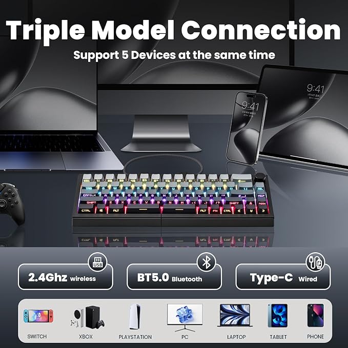 ZORNHER ST68 Ergonomic Split Keyboard,65% Wireless Gaming Keyboard with Knob,65% Black Hot-Swappable Mechanical Keyboards for Win/Mac,Clicky Switches,RGB Backlit