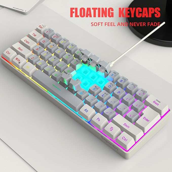 Snpurdiri 60% Wired Gaming Keyboard, SmallUltra-Compact 61 Keys RGB Backlit 60 Percent Gaming Keyboard for PC/Mac Gamer, Typist, Travel, Easy to Carry on Business Trip(White-Grey)