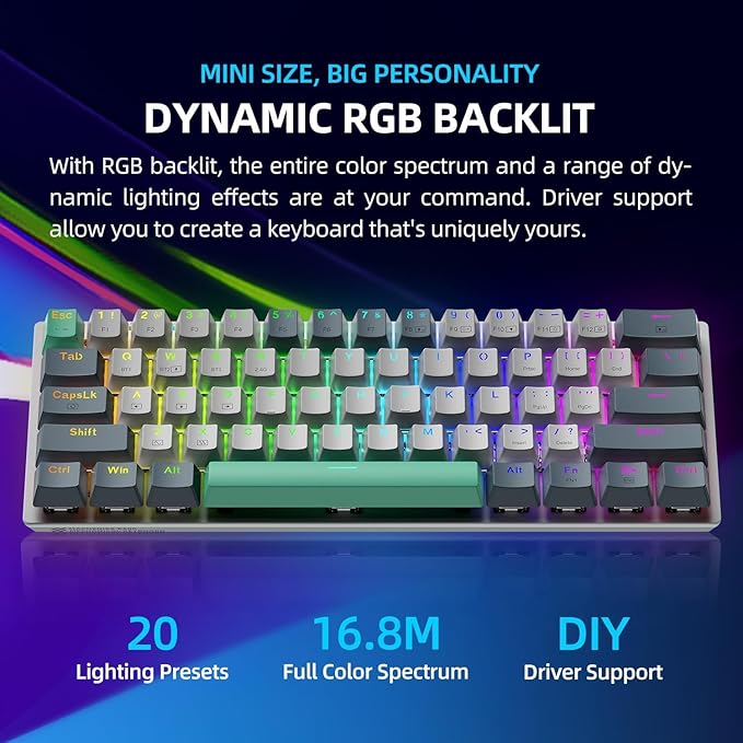 Machenike K500A-B61W 60% Mechanical Wireless Gaming Keyboard, 61 Keys Ultra-Compact Hot Swappable Linear Red Switch, Dynamic RGB Backlit, Anti-Ghosting, Double-Shot PBT Keycaps, Win/Mac, White