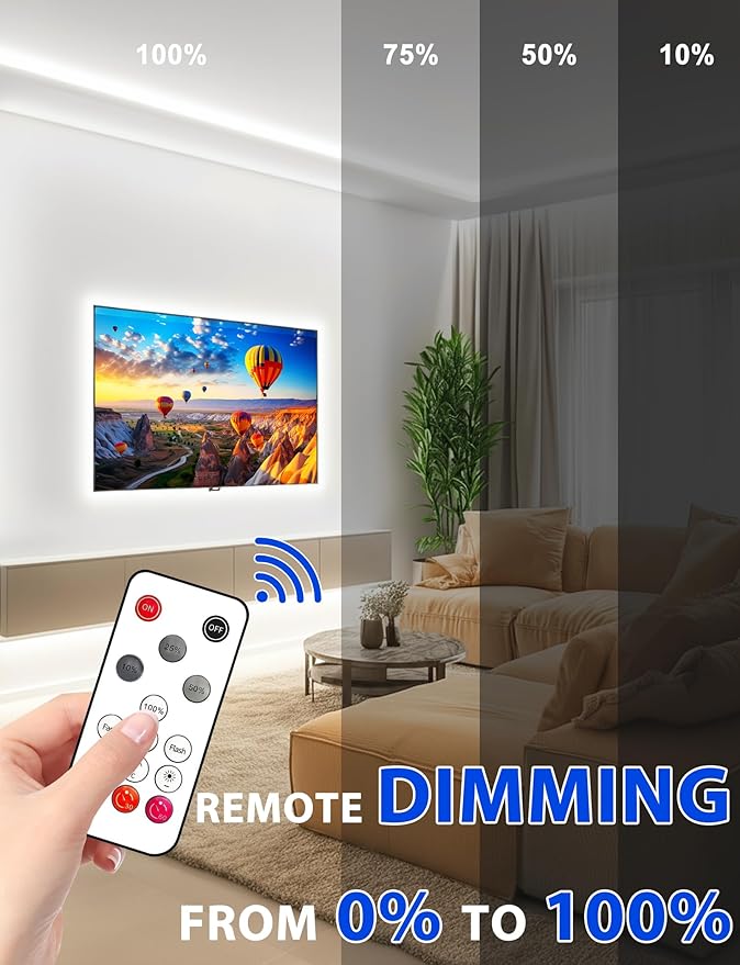 Lamomo COB LED Strip Lights, 32.8Ft White Dimmable Self-Adhesive Led Rope Light with Remote, Flexible Cuttable Waterproof 6000K Silicone Neon Tape Light for Bedroom,Indoor, Cabinet, 10mm Width
