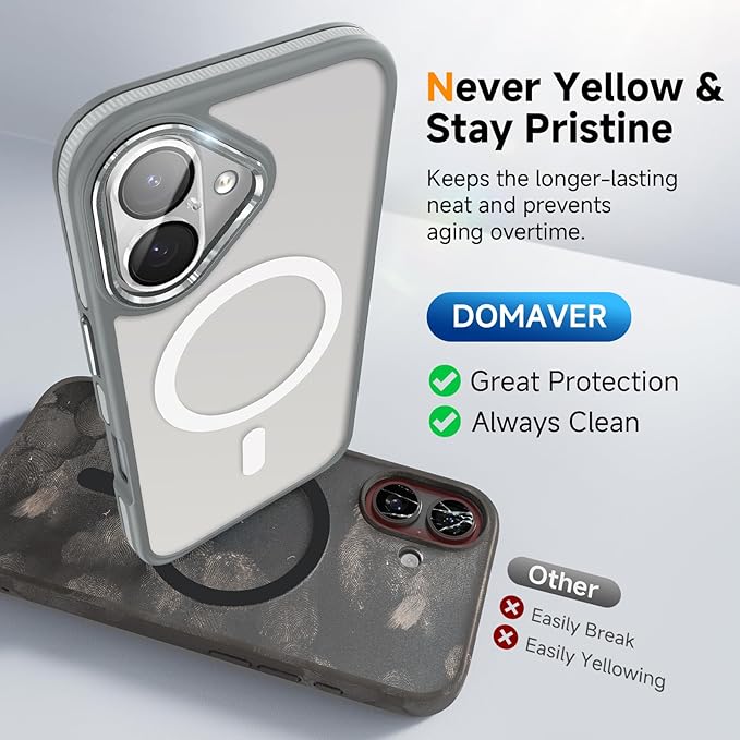 DOMAVER Magnetic 3 in 1 for iPhone 16 Case, [Omni-Directional Protection] with 1x Screen Protector + 1x Camera Cover, [Seamless Work with Magsafe] Protective Silm Case for iPhone 16 Light Gray