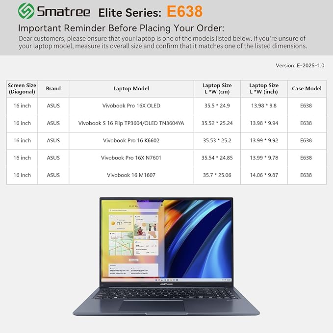 Smatree Laptop Sleeve for 16 inch ASUS Vivobook 16 M1607/S 16 Flip TP3604/S 16 Flip OLED TN3604YA, for 16 inch Vivobook Pro 16 K6602/16X OLED/16X N7601, Case with Pocket (E638)
