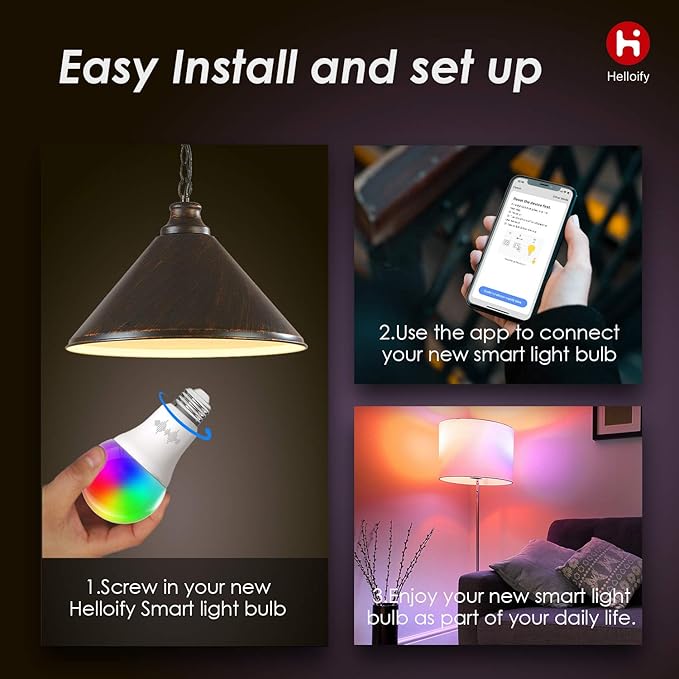 Helloify A19 LED Smart, WiFi Light Bulb Compatible with Alexa Google Home, RGBCW Color Changing, Cool Warm White Dimmable, No Hub Required, 60W Equivalent, RGB+2700K-6500K, 4 Count (Pack of 1)