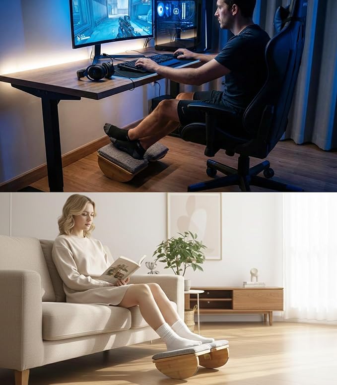 Bamboo Under Desk Foot Rest with Washable Cushion,Foldable Ergonomic Foot Stool,Rocking Footrest for Under Office Desk, Desk Leg Rest for Home Office (Natural Color)