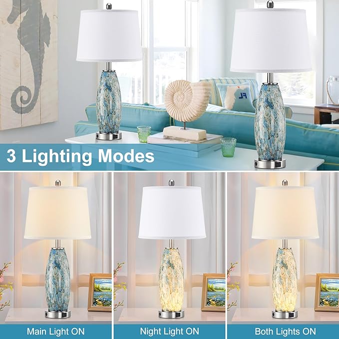 29" Tall Table Lamps Set of 2, Large Modern Lamps for Bedroom with Nightlight, Coastal Bedside Lamps with USB C+A, Glass Nightstand Table Lamps for Living Room, Bulbs Included