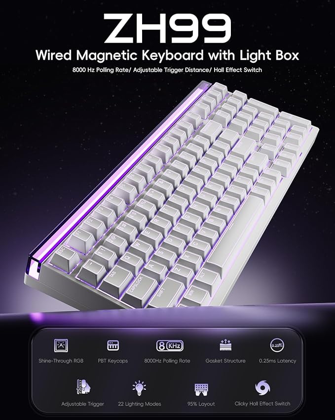 ZORNHER ZH99HE Mechanical Gaming Keyboard, Full Size White Gaming Keyboard with Creamy Switch,Soft RGB Backlit Light Box,Adjustable Actuation & Rapid Trigger, Hall Effect Technology