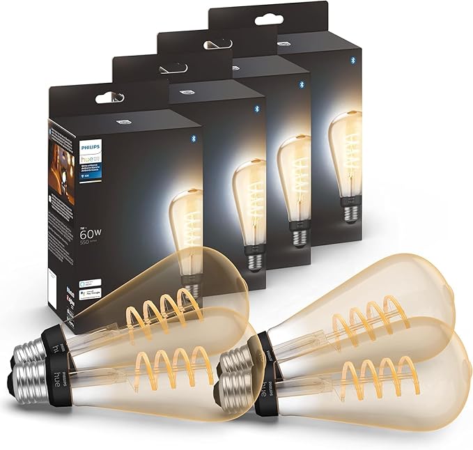 Philips Hue Smart 60W ST23 Filament LED Bulb - White Ambiance Warm-to-Cool White Light - 4 Pack - 550LM - E26 - Indoor - Control with Hue App- Compatible with Alexa, Google Assistant and Apple Homekit