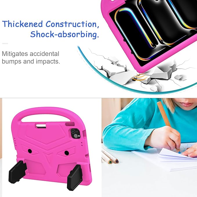 Kids Case for iPad Pro 11" M5 2025/M4 2024 & iPad Air 11" M3 2025/M2 2024, Techcircle Child Shock Proof EVA Protective [Support Pencil Charging] Handle Stand Cover, Pink