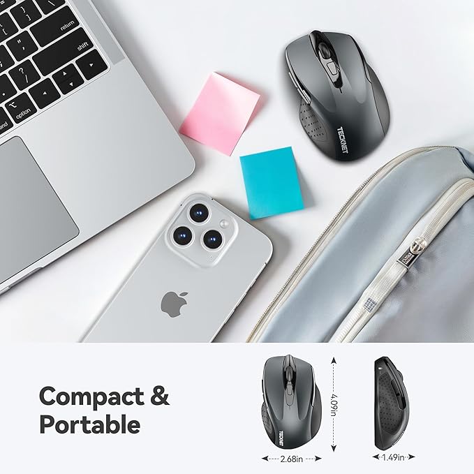 TECKNET Wireless Mouse, 2.4G Ergonomic Optical Mouse, Computer Mouse for Laptop, PC, Computer, Chromebook, Notebook, 6 Buttons, 24 Months Battery Life, 2600 DPI, 5 Adjustment Levels - Grey