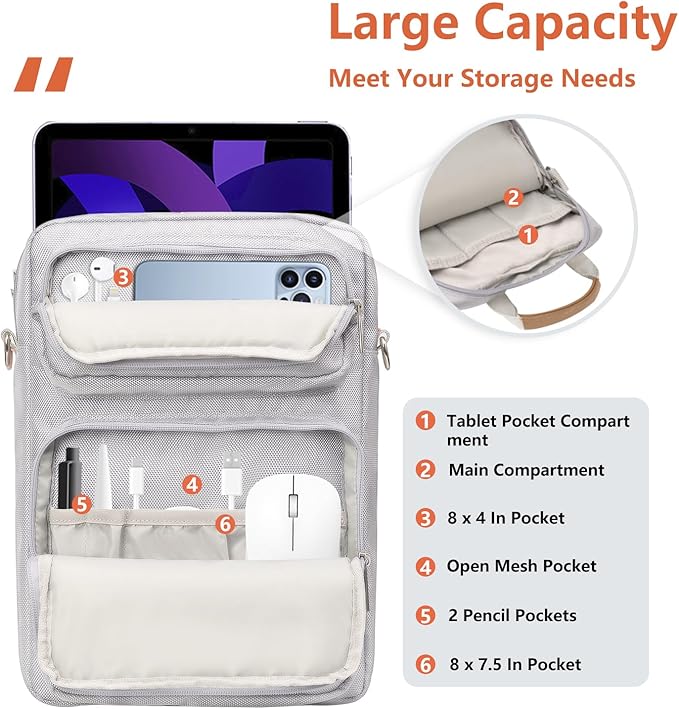 10-13 Inch Tablet Sleeve Bag, Ipad Bag for 13 In/11 in New iPad Pro M4 & 13 in Air M2 2024,iPad Pro 12.9 M2&M1,Ipad 10.9,Galaxy Tab S8+/S9+ 12.4,with Removable Shoulder Strap(Silver)