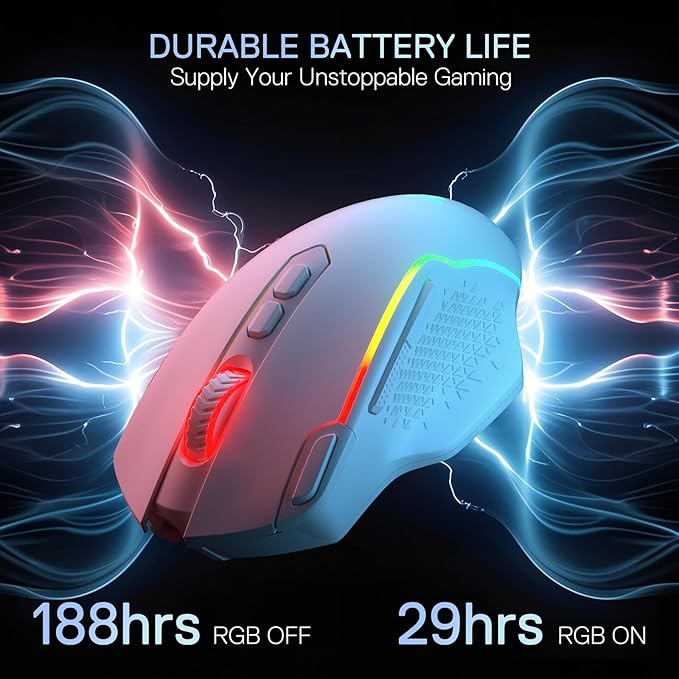 Redragon M810 MAX 3-Mode Wireless Gaming Mouse, 12000 DPI Wired/Wireless RGB Mouse w/Rapid Fire Key, 8 Macro Buttons, 188-Hour Reliable Power Capacity for PC/Mac/Laptop