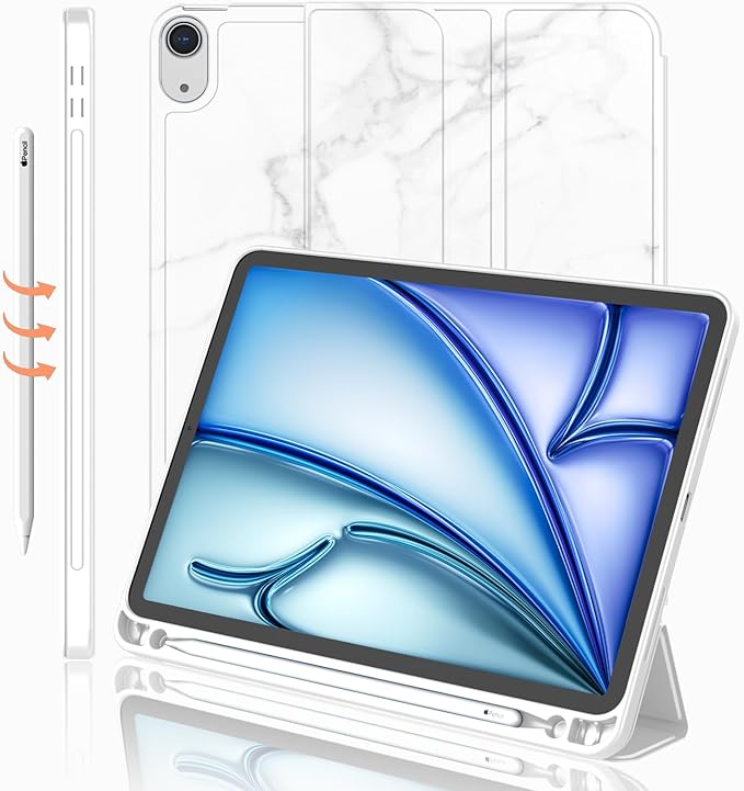 iMieet iPad Air 11 Inch Case M4/M3/M2(2026/2025/2024), iPad Air 5th/4th Generation Case 2022/2020 10.9 Inch with Pencil Holder,Trifold Stand Smart Case with Soft TPU Back(New Marble White)