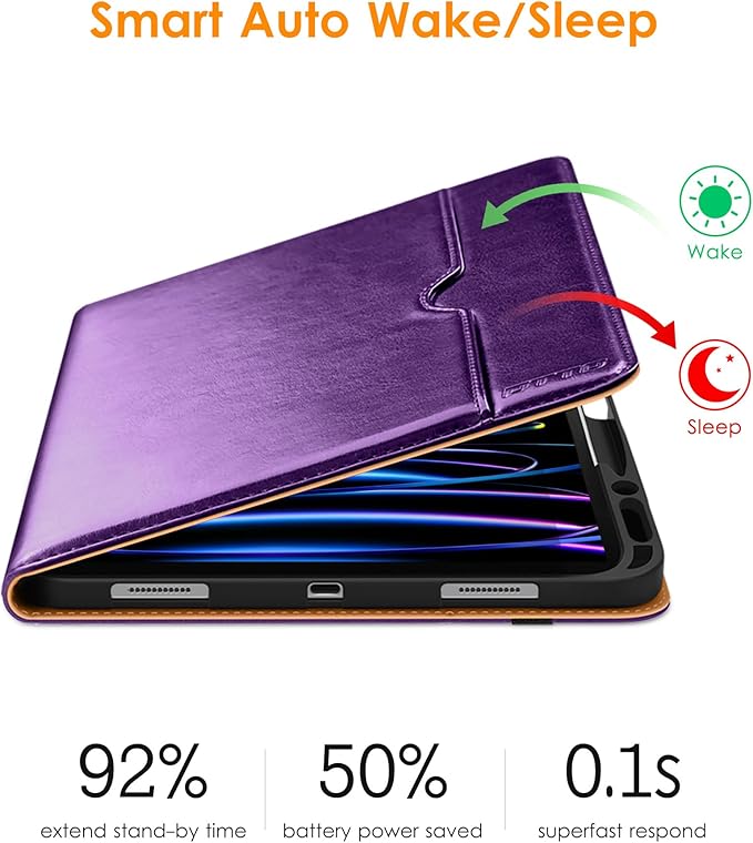 DTTO for iPad Pro 12.9 6th / 5th / 4th / 3rd Generation Case 2022/2021/2020/2018, Leather Folio Stand Cover with Built-in Apple Pencil Holder -Auto Wake/Sleep and Multi Viewing Angles, Dark Purple
