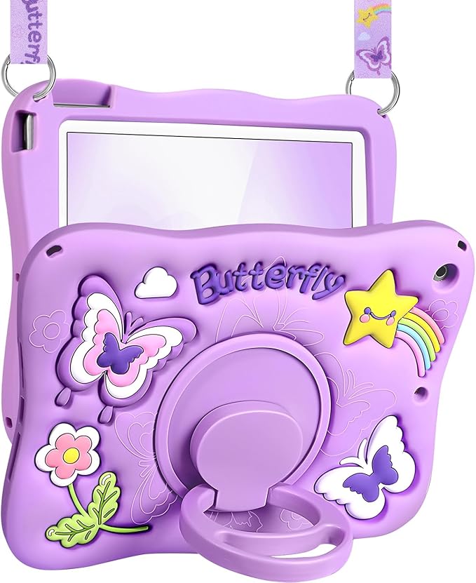Kidcube for iPad 9th/8th/7th Generation Case 10.2 Inch - for Girls Cute Kawaii Girly 3D Purple Butterfly Design Cover with Rotating Stand & Strap Unique Silicone Women Teens for iPad 9th/8th/7th Case