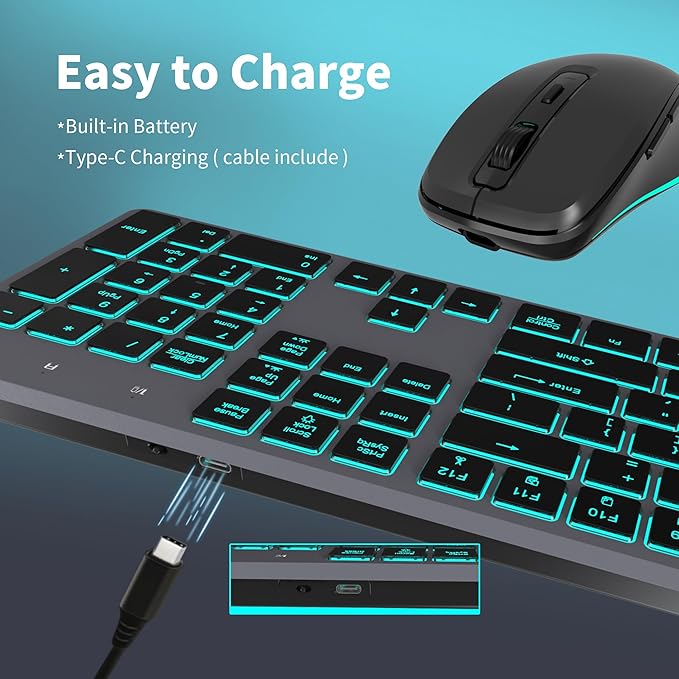 POWZAN Backlit Wireless Keyboard and Mouse Combo, Rechargeable Quiet 2.4G Cordless USB Slim Full Size for Apple iMac, MacBook, laptop and PC, Space Gray