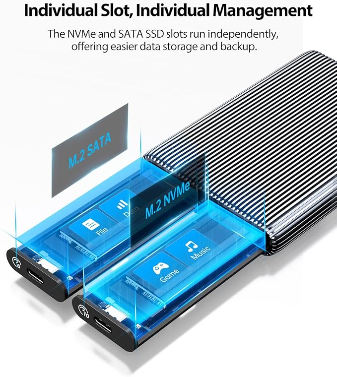 ORICO Dual M.2 NVMe with SATA SSD Enclosure, USB C to M2 Adapter for M Key PCIe & B+M Key 2230/2242/2260/2280 M.2 SSDs, Tool-Free Installation Aluminum Case Support Trim and UASP up to 2x4TB