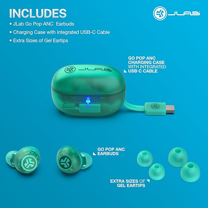 JLab, Go Pop ANC, True Wireless Earbuds, Active Noise Cancelling, Transparent Teal
