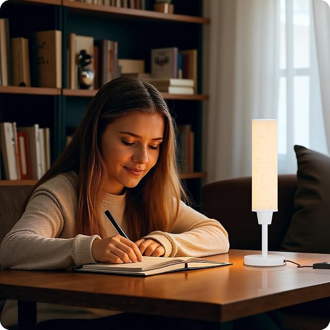 Nukanu Table Lamp with Remote，Bedside Lamps for Night Stands, Nightstand Lamp with Adjustable Brightness (10%-100%) and Color Temperature (3000k-6000k),Small Lamp for Bedroom (White-Beige Linen)