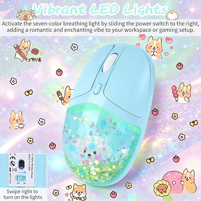 elec Space Wireless Bluetooth Mouse -Cute Clear Aqua Design, Glitter Liquid Sand Water Mouse with Optical Precision, Silent Clicks, LED Breathing Light,Transparent Retro Style for Home Office (Green)